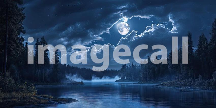 Serene Moonlight Illuminates a Tranquil River Winding Through a Forest of Dark Trees and Snow-Capped Mountains
