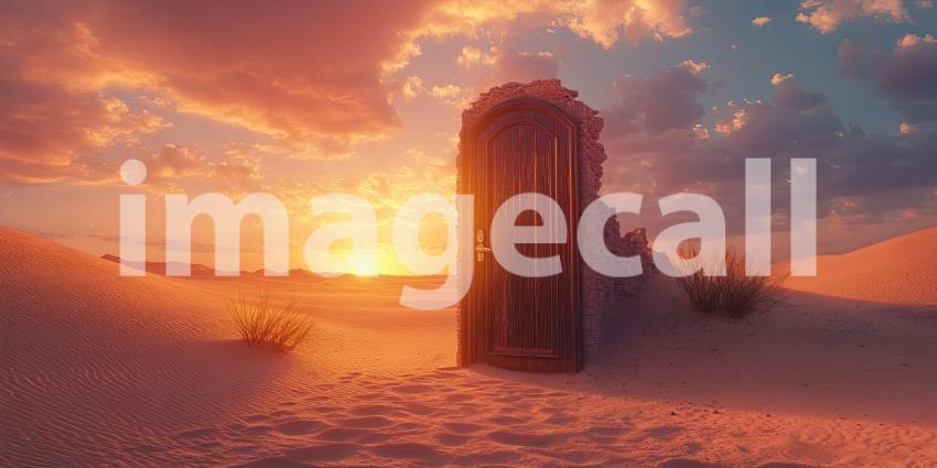 A Wooden Doorway Stands Alone in a Vast Desert Landscape, Beckoning Under a Dramatic Sunset Sky
