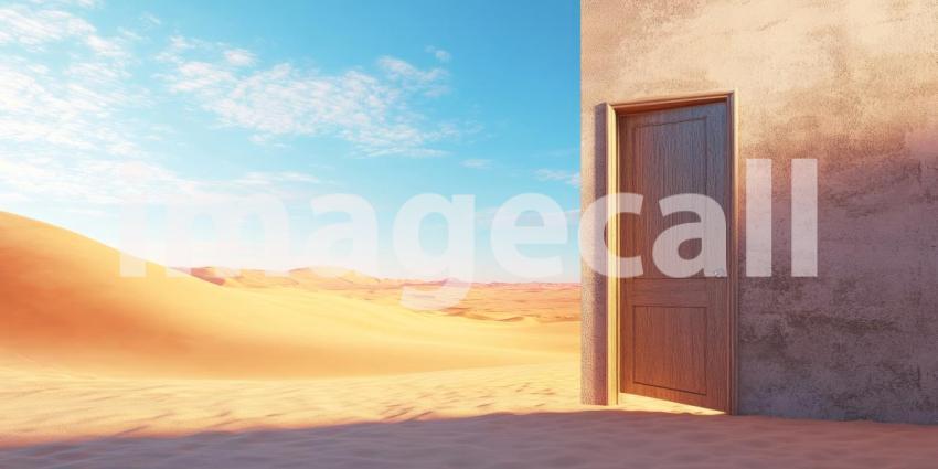 A Wooden Doorway Stands Alone in a Vast Desert Landscape, Beckoning Under a Dramatic Sunset Sky