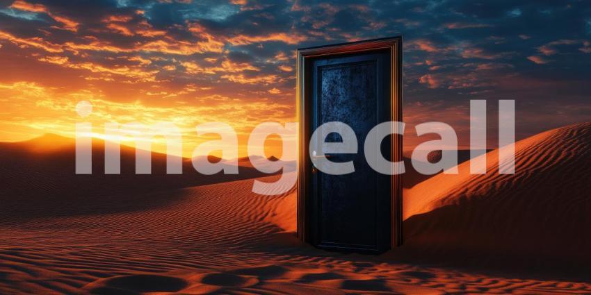 A Wooden Doorway Stands Alone in a Vast Desert Landscape, Beckoning Under a Dramatic Sunset Sky