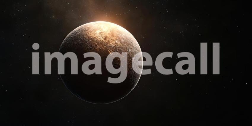 Blood Moon Rising Over a Desolate Alien Landscape, Casting an Eerie Glow on a Rocky Terrain