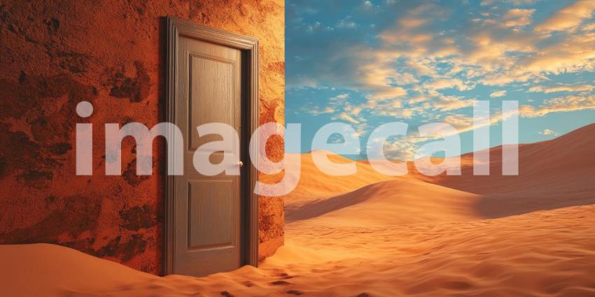 A Wooden Doorway Stands Alone in a Vast Desert Landscape, Beckoning Under a Dramatic Sunset Sky