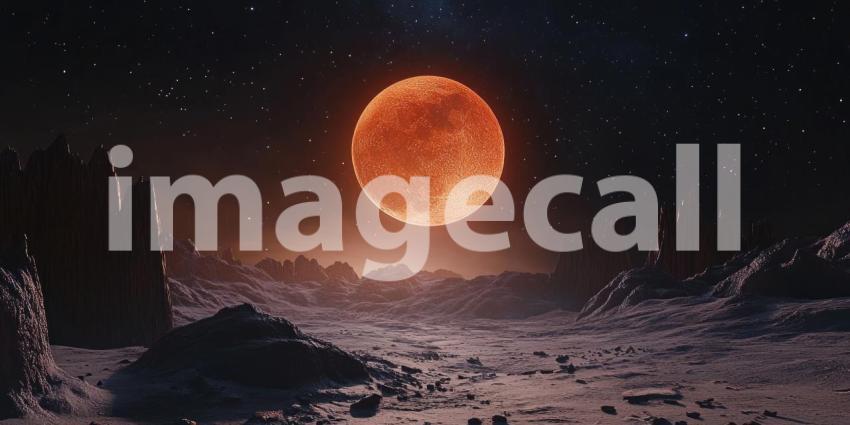 Blood Moon Rising Over a Desolate Alien Landscape, Casting an Eerie Glow on a Rocky Terrain