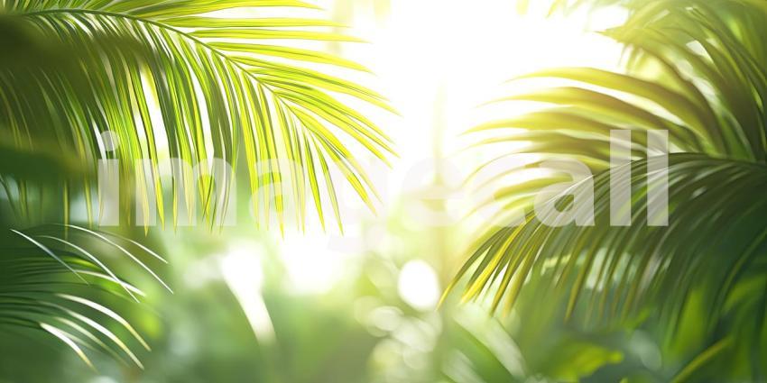 Sunlight Filtering Through Lush Green Palm Leaves, Evoking a Sense of Tranquility and Tropical Paradise