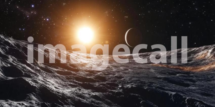 Blood Moon Rising Over a Desolate Alien Landscape, Casting an Eerie Glow on a Rocky Terrain