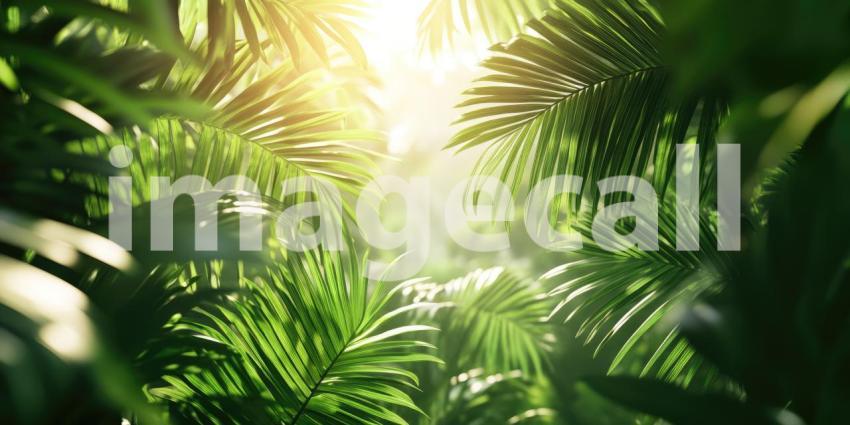 Sunlight Filtering Through Lush Green Palm Leaves, Evoking a Sense of Tranquility and Tropical Paradise