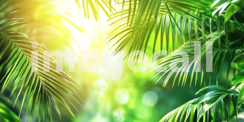 Sunlight Filtering Through Lush Green Palm Leaves, Evoking a Sense of Tranquility and Tropical Paradise