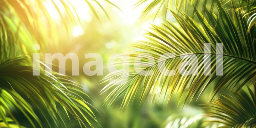 Sunlight Filtering Through Lush Green Palm Leaves, Evoking a Sense of Tranquility and Tropical Paradise