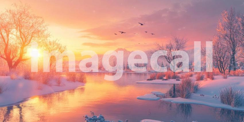 Winter Twilight over a Tranquil River, with Birds Flying Silhouetted Against a Vibrant Sunset Sky