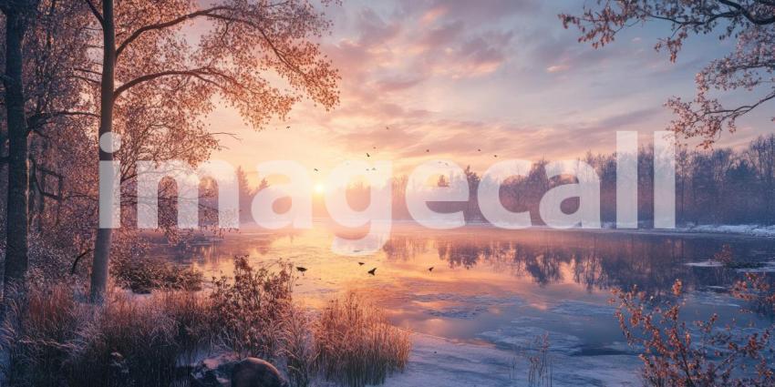Winter Twilight over a Tranquil River, with Birds Flying Silhouetted Against a Vibrant Sunset Sky