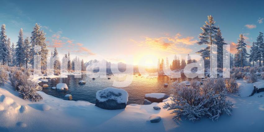 Winter Twilight over a Tranquil River, with Birds Flying Silhouetted Against a Vibrant Sunset Sky