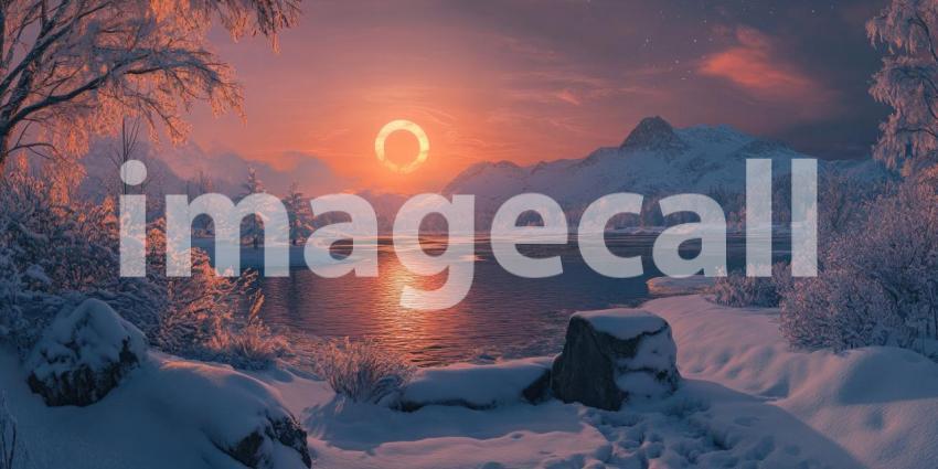 Winter Twilight over a Tranquil River, with Birds Flying Silhouetted Against a Vibrant Sunset Sky