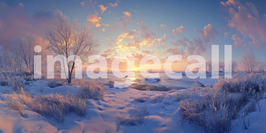 Winter Twilight over a Tranquil River, with Birds Flying Silhouetted Against a Vibrant Sunset Sky