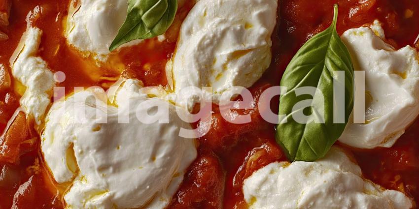 Close-up of a Plate of Fresh Fettuccine Pasta with Cherry Tomatoes, Basil Leaves, and a Dollop of Burrata Cheese, Drizzled with Tomato Sauce