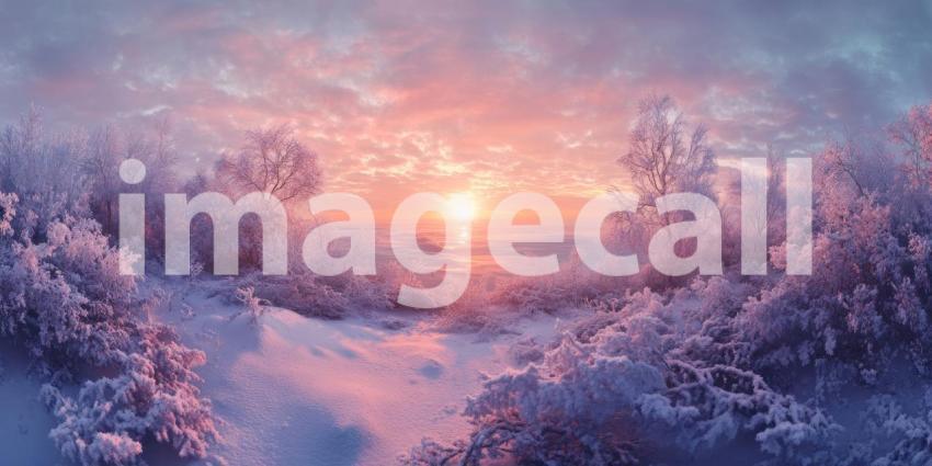 Winter Twilight over a Tranquil River, with Birds Flying Silhouetted Against a Vibrant Sunset Sky