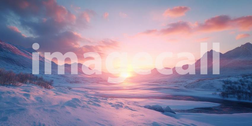 Winter Twilight over a Tranquil River, with Birds Flying Silhouetted Against a Vibrant Sunset Sky