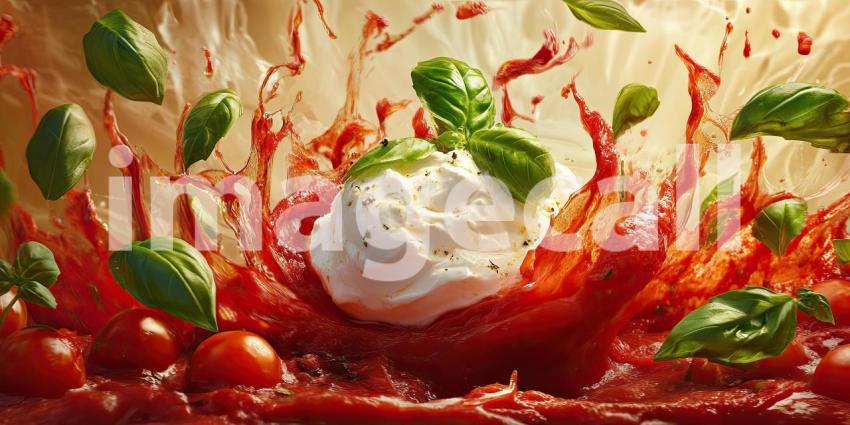 Close-up of a Plate of Fresh Fettuccine Pasta with Cherry Tomatoes, Basil Leaves, and a Dollop of Burrata Cheese, Drizzled with Tomato Sauce