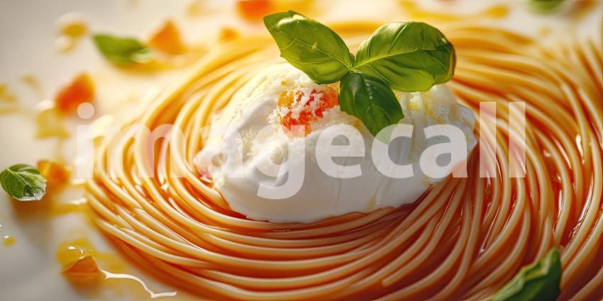 Close-up of a Plate of Fresh Fettuccine Pasta with Cherry Tomatoes, Basil Leaves, and a Dollop of Burrata Cheese, Drizzled with Tomato Sauce