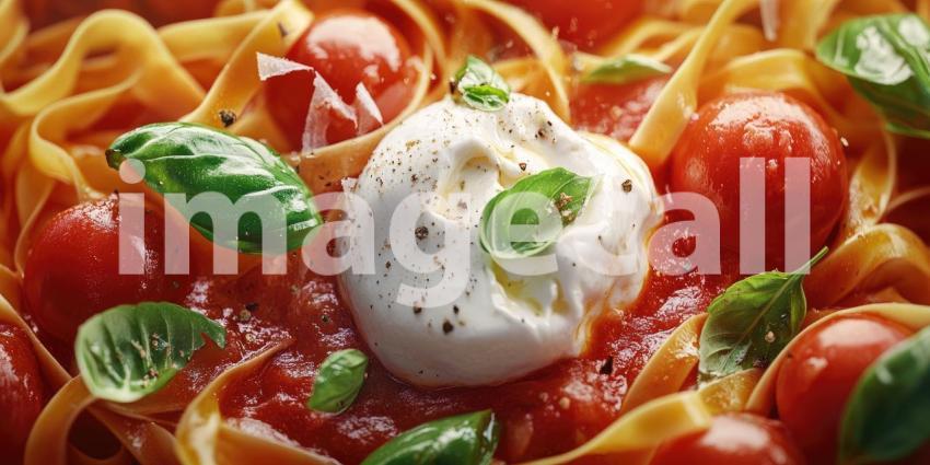 Close-up of a Plate of Fresh Fettuccine Pasta with Cherry Tomatoes, Basil Leaves, and a Dollop of Burrata Cheese, Drizzled with Tomato Sauce