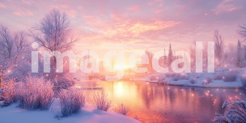 Winter Twilight over a Tranquil River, with Birds Flying Silhouetted Against a Vibrant Sunset Sky