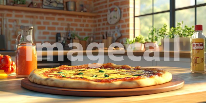 A mouthwatering Margherita pizza sits on a wooden board in a rustic kitchen, ready to be devoured.