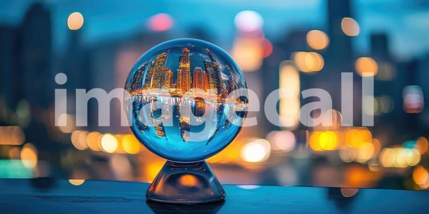Cityscape Reflected in a Crystal Ball at Dusk, Capturing the Urban Glow and Nighttime Magic
