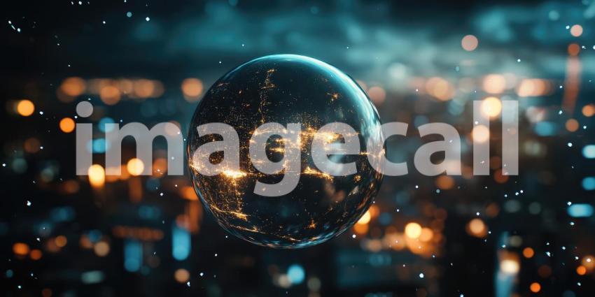 Cityscape Reflected in a Crystal Ball at Dusk, Capturing the Urban Glow and Nighttime Magic