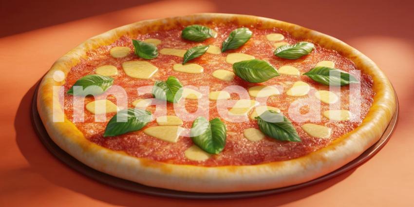 A mouthwatering Margherita pizza sits on a wooden board in a rustic kitchen, ready to be devoured.