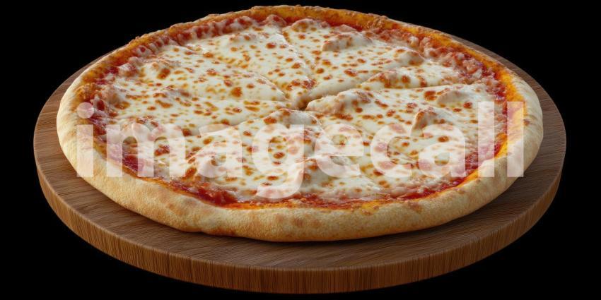 A mouthwatering Margherita pizza sits on a wooden board in a rustic kitchen, ready to be devoured.