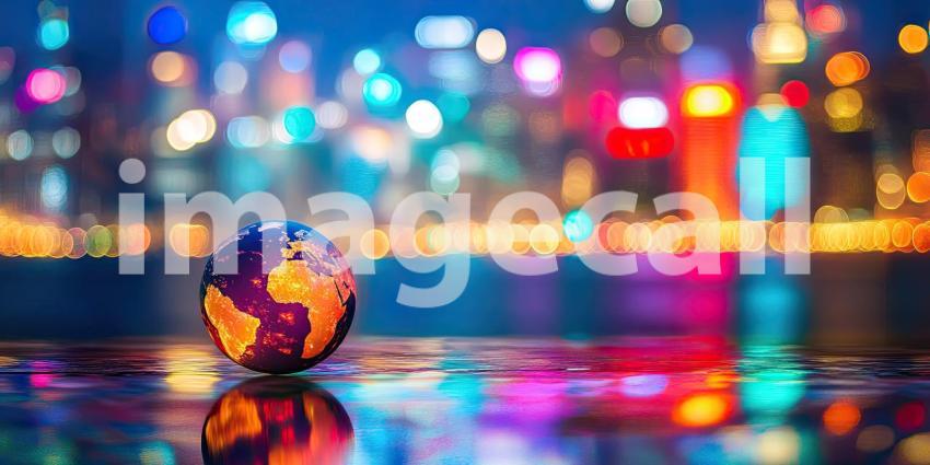 Cityscape Reflected in a Crystal Ball at Dusk, Capturing the Urban Glow and Nighttime Magic