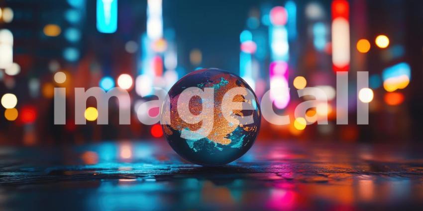 Cityscape Reflected in a Crystal Ball at Dusk, Capturing the Urban Glow and Nighttime Magic