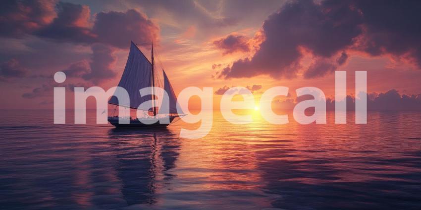 A sailboat glides across the water at sunset, with dramatic pink clouds reflecting on the calm sea.