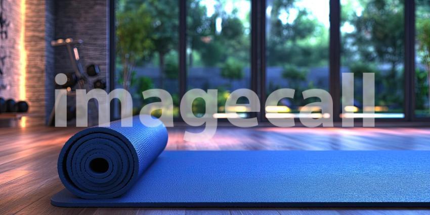 Blue Yoga Mat Unfurling in a Modern Home Gym with Large Windows Overlooking a Lush Green Landscape