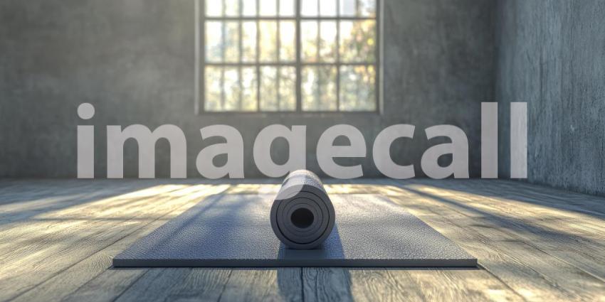 Blue Yoga Mat Unfurling in a Modern Home Gym with Large Windows Overlooking a Lush Green Landscape