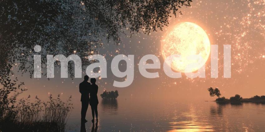 Romantic Couple Standing Close Together by the Edge of a Lake During Sunset, Dressed in Formal Attire with Wedding Dress and Suit
