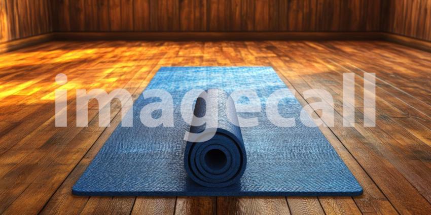 Blue Yoga Mat Unfurling in a Modern Home Gym with Large Windows Overlooking a Lush Green Landscape