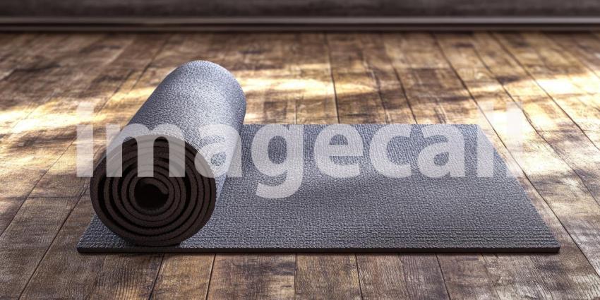 Blue Yoga Mat Unfurling in a Modern Home Gym with Large Windows Overlooking a Lush Green Landscape