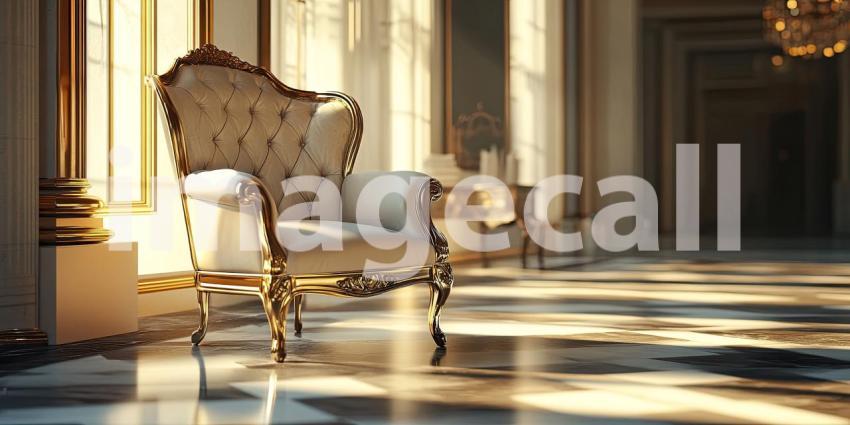 A Luxurious Upholstered Armchair with Gilded Gold Accents Stands Elegantly in a Grand Hallway Bathed in Sunlight.