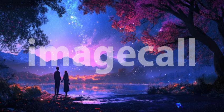 Romantic Couple Standing Close Together by the Edge of a Lake During Sunset, Dressed in Formal Attire with Wedding Dress and Suit