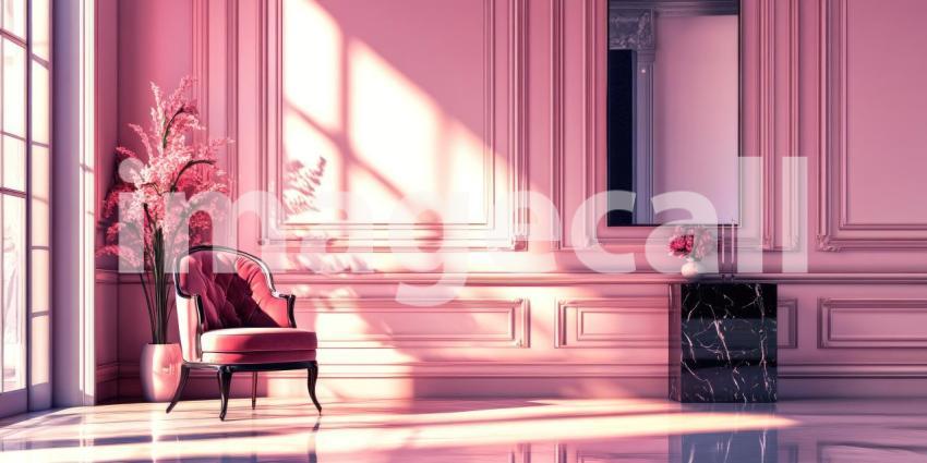 A Luxurious Upholstered Armchair with Gilded Gold Accents Stands Elegantly in a Grand Hallway Bathed in Sunlight.