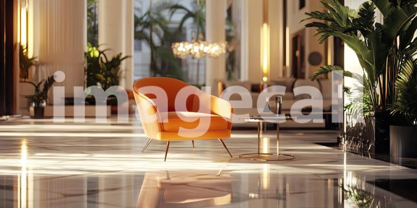 A Luxurious Upholstered Armchair with Gilded Gold Accents Stands Elegantly in a Grand Hallway Bathed in Sunlight.