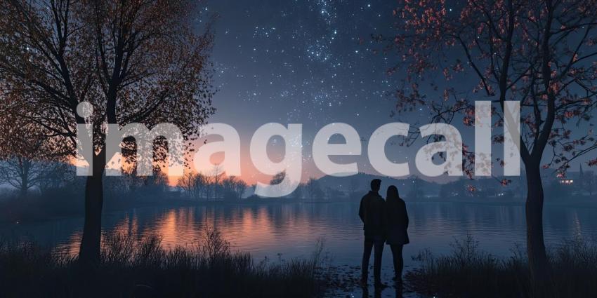 Romantic Couple Standing Close Together by the Edge of a Lake During Sunset, Dressed in Formal Attire with Wedding Dress and Suit