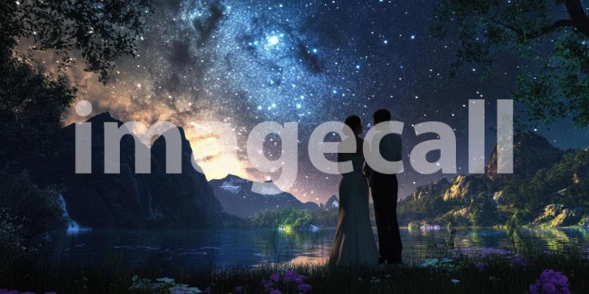 Romantic Couple Standing Close Together by the Edge of a Lake During Sunset, Dressed in Formal Attire with Wedding Dress and Suit