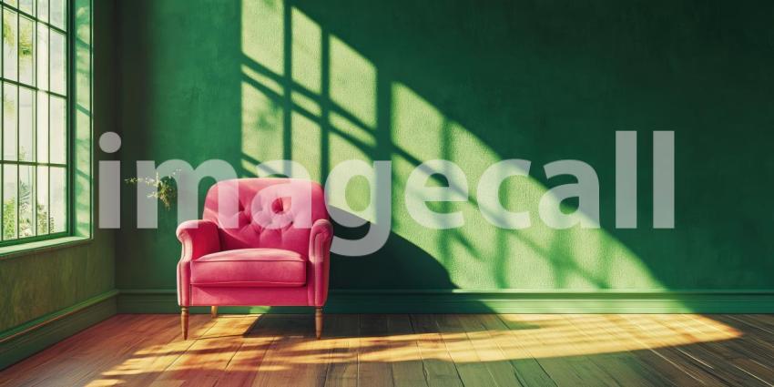 A Luxurious Upholstered Armchair with Gilded Gold Accents Stands Elegantly in a Grand Hallway Bathed in Sunlight.