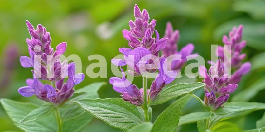 A cluster of vibrant purple flowers with delicate petals and fuzzy bracts, blooming amidst lush green foliage.