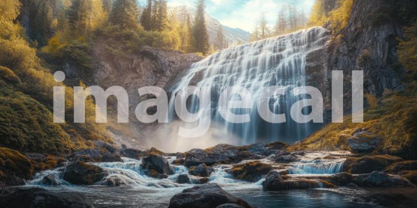 A Majestic Waterfall Cascades Over Mossy Rocks, Bathed in Sunlight, Creating a Breathtaking Natural Scene.