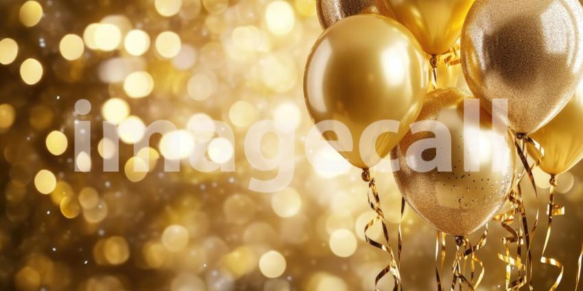 A cluster of shimmering gold balloons floating against a backdrop of warm, festive lights, creating a celebratory atmosphere.