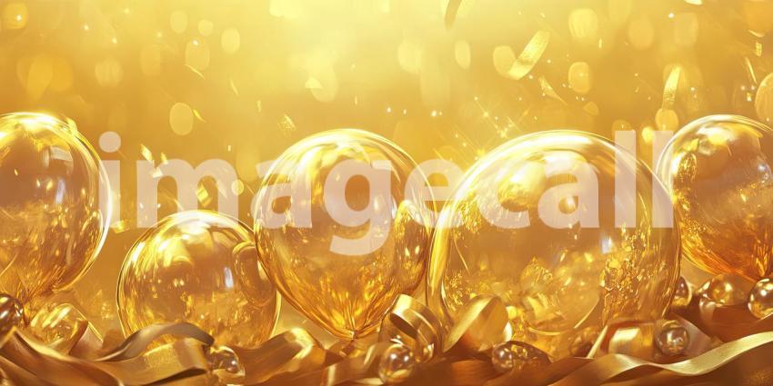 A cluster of shimmering gold balloons floating against a backdrop of warm, festive lights, creating a celebratory atmosphere.
