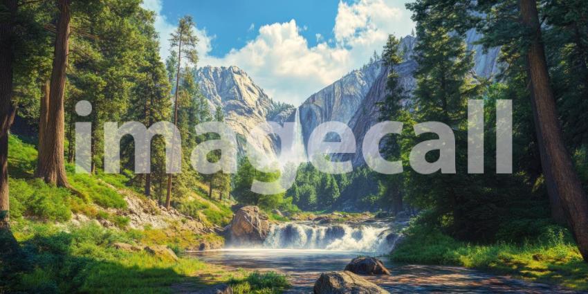 A Majestic Waterfall Cascades Over Mossy Rocks, Bathed in Sunlight, Creating a Breathtaking Natural Scene.