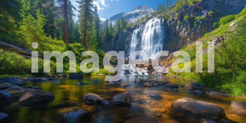A Majestic Waterfall Cascades Over Mossy Rocks, Bathed in Sunlight, Creating a Breathtaking Natural Scene.